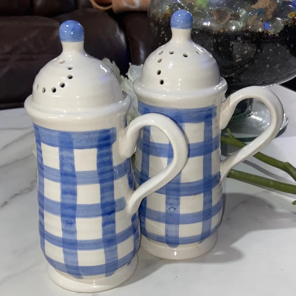 Country Living Blue and White Checkered Ceramic Salt and Pepper Shakers